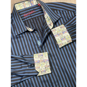 Robert Graham SZ 18 XL Bold Blue Vertical Stripe on Black Flip Cuff L/S Shirt